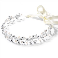 NWT Mariell Silver Jeweled Vine Headband with Crystals, Pearls, and Ivory Ribbon
