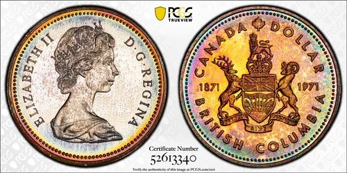 SP67 1971 $1 Canada Silver BC Commem Dollar, PCGS Trueview- Rainbow Toned