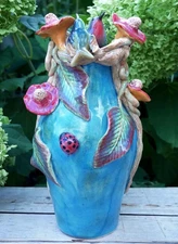 Tall Vase Turquoise Hummingbirds Flowers Ladybugs Handmade Tonala Mexican Folk