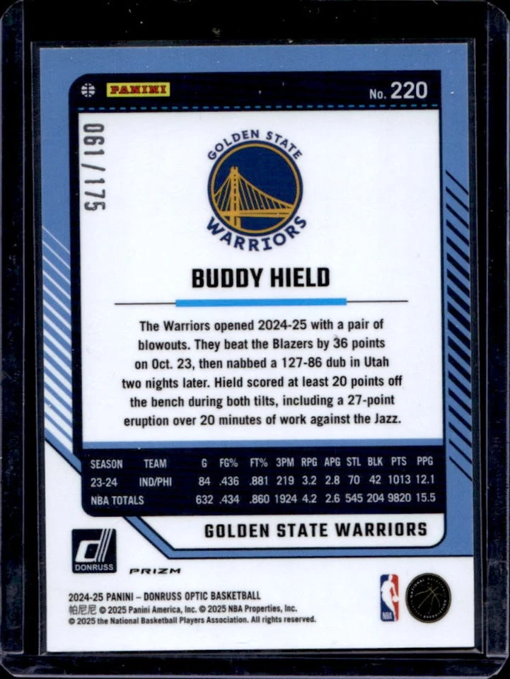 2024-25 Donruss Optic Buddy Hield Hyper Blue #61/175 Warriors - Image 2 of 2