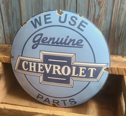 Vintage We Use Genuine Chevrolet Parts Porcelain Metal Sign Chevy Service