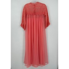 Vintage Womens Coral Lace Sheer Maxi Nightgown Robe Set Romantic Peignoir Size L