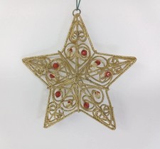 Gold Jeweled Star Ornament Red Beaded Glitter Metal 3D Christmas 5"