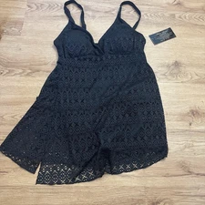 New ALISHA LEVINE Crochet Swim Dress Padded Bra Black Swimsuit Size 12