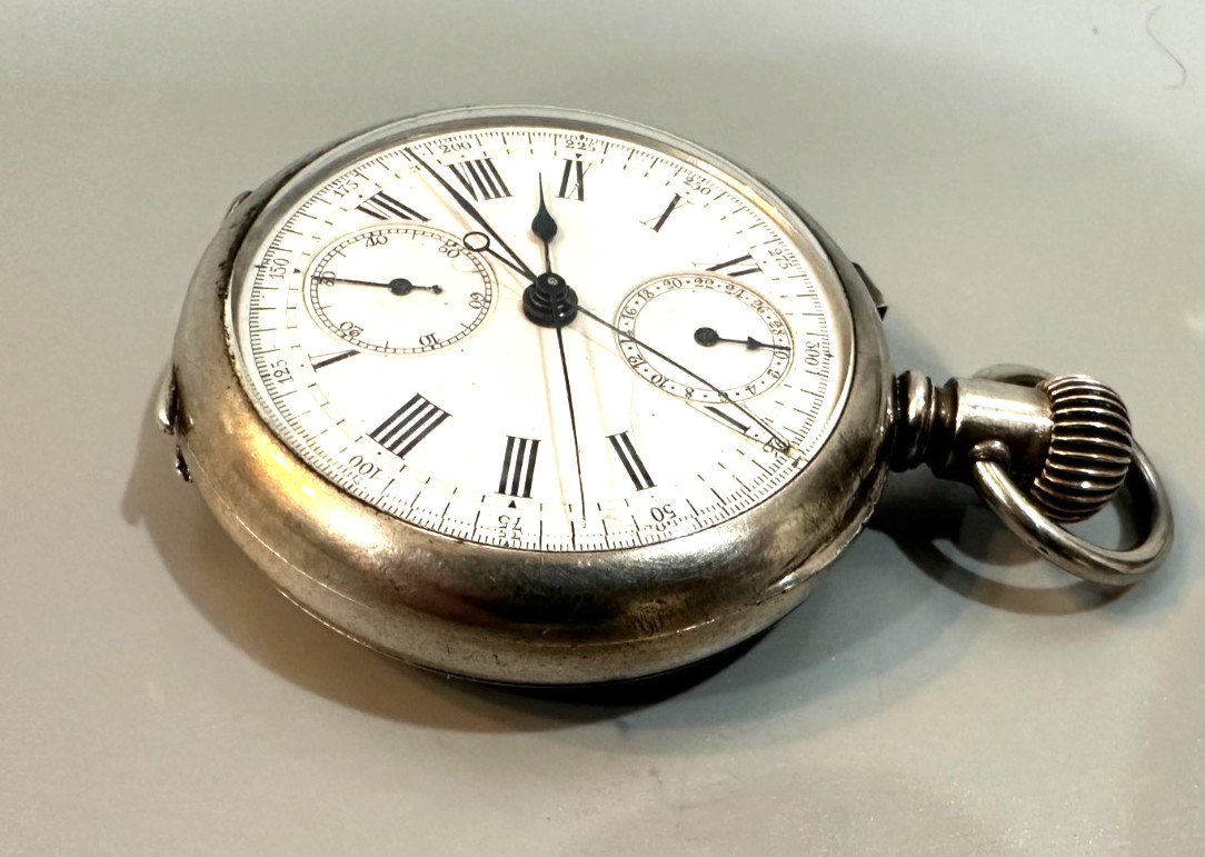 Split seconds Swiss chronograph silver pocket wat… - image 2