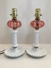 Vintage Pair Boudoir Lamps Hobnail Milk Glass and Pink Globe WORKING VERY NICE