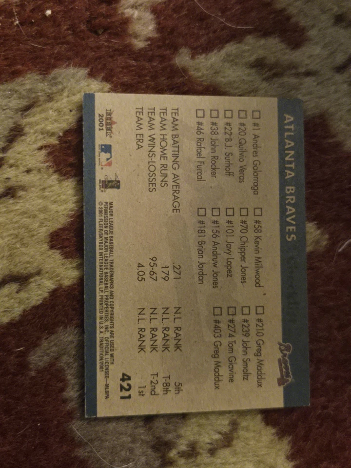 2001 FLEER TRADITION BRAVES TEAM LEADERS #421 SIGNED BY HOF GREG MADDUX 300 WINS - Image 2 of 2