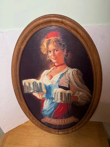 Vintage St. Pauli Girl Beer Faux Wood Bar Sign READ