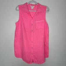 C&C California Sleeveless Button up Shirt Womens Small Hot Pink 100% Linen Beach