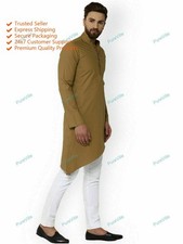 Mens Kurta Cotton Fabric Indian Brown Dress Mens Tunic Kurta Plain FreeShip