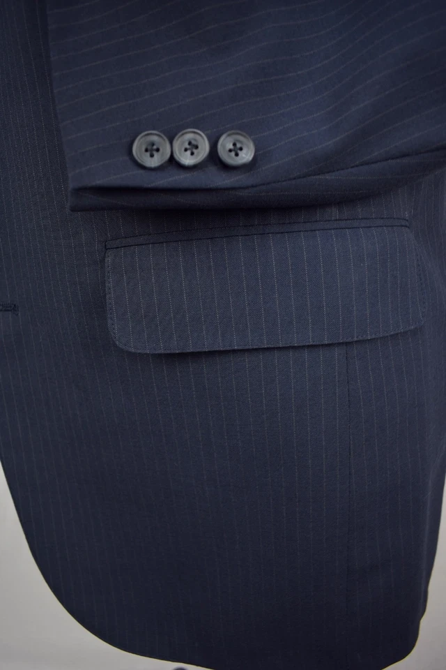 1976-1994 Corbin Navy Blue Striped Wool Three Roll Two Two Piece Suit Size: 40L - Image 4 of 4
