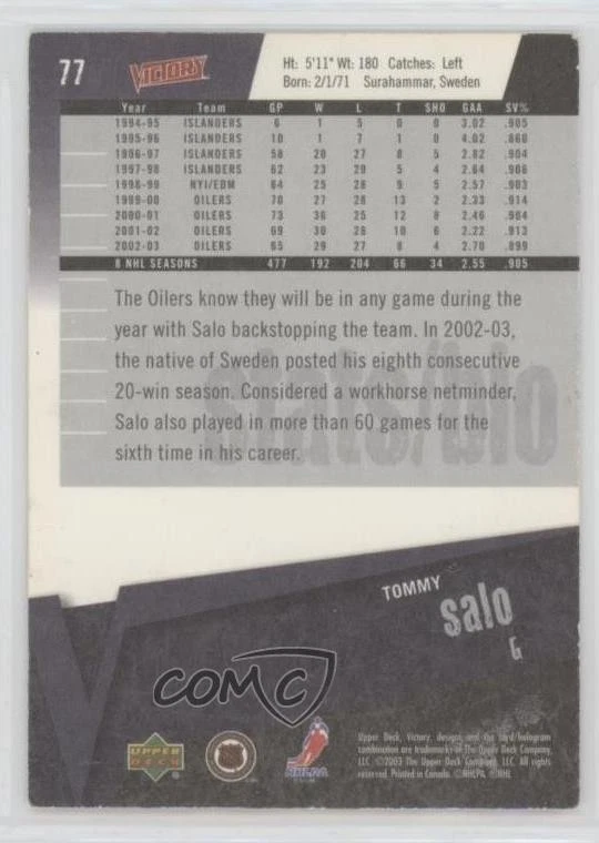 2003-04 Upper Deck Victory Silver /50 Tommy Salo #77 - Image 2 of 2
