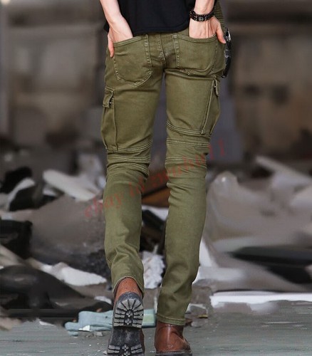 Pantaloni uomo casual slim fit cargo jeans denim plissettato tuta skinny hot - Foto 6 di 15
