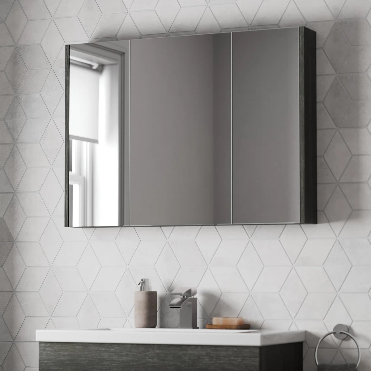 Bathroom Mirror Cabinet Cupboard Storage Grey Triple Door Wall Mount 650 x 900mm