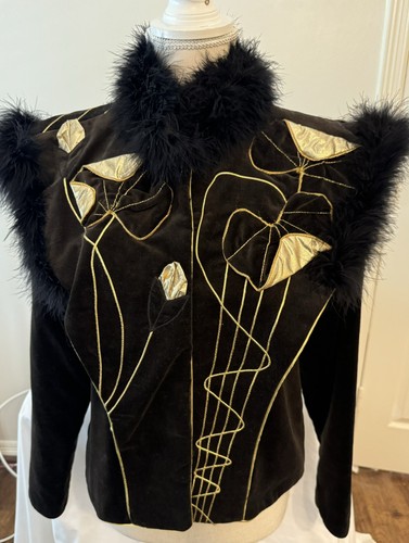 Vintage 80's Black Cocktail /Club Jacket Ann Green/ Cotton Velveteen/Gold Lame S - Picture 2 of 11