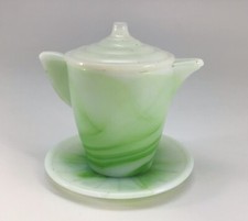 Akro Agate Teapot Pitcher with Lid Under Plate Childs Green Marbleized Vintage