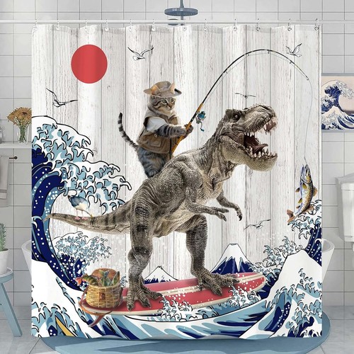 Vibrant Cat Dinosaur Shower Curtain in Gray - Rustic 72''x72'' Bathroom Decor - Picture 5 of 10