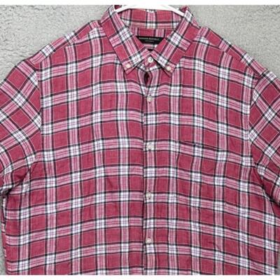 Banana Republic Shirt Men Large Red Plaid 100% Linen Camden Fit Summer Button Up