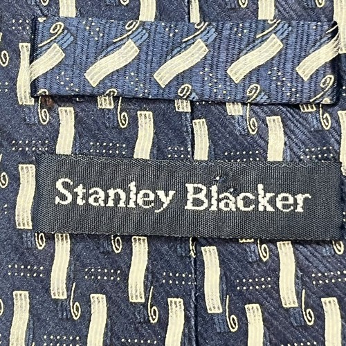 Stanley Blacker Mens Tie 100% Silk Geometric Navy Blue Silver Handmade Necktie - Picture 8 of 14