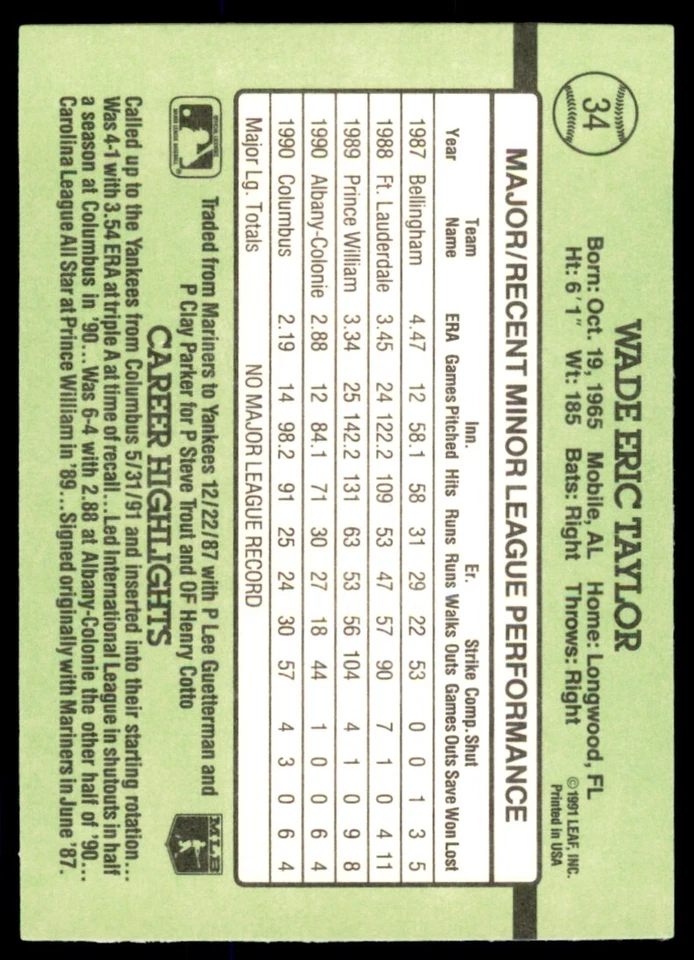 1991 Donruss The Rookies Wade Taylor Baseball Cards #34 - Image 2 of 2