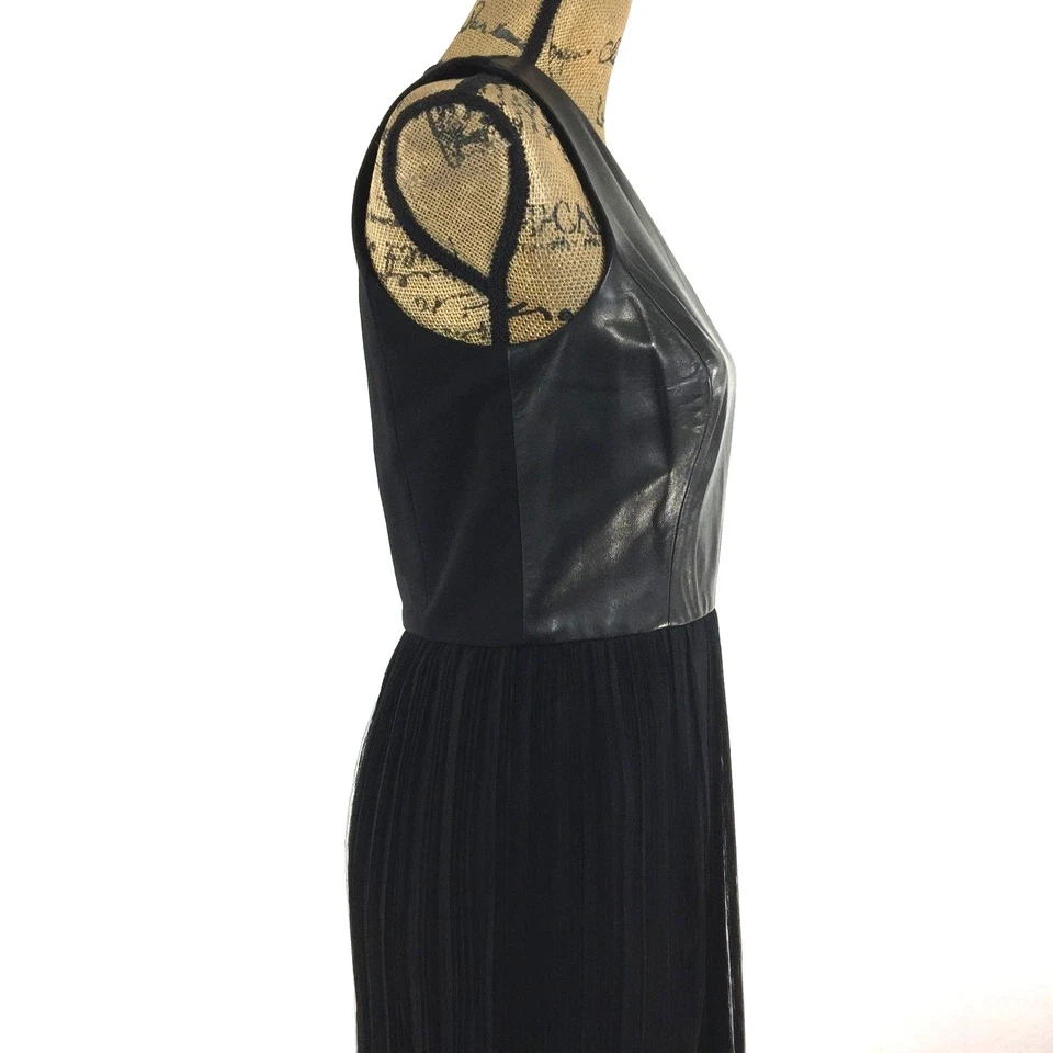 Ann Taylor 晚礼服 6 M 码黑色皮革雪纺褶饰长裙全新 398 美元 — 第 4/4 张图片