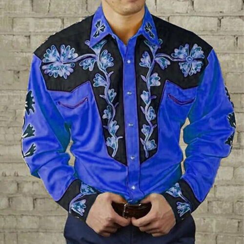 Camicia Uomo Floreale Leopardo Manica Lunga Western Denim, Outdoor Casual Party Shirt - Foto 7 di 35