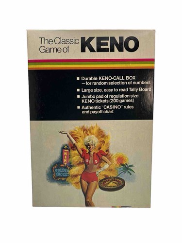 Vintage 1976 Classic Games Co. box with red-haired woman in red/white suit by Golden Nugget casino, KENO logo.