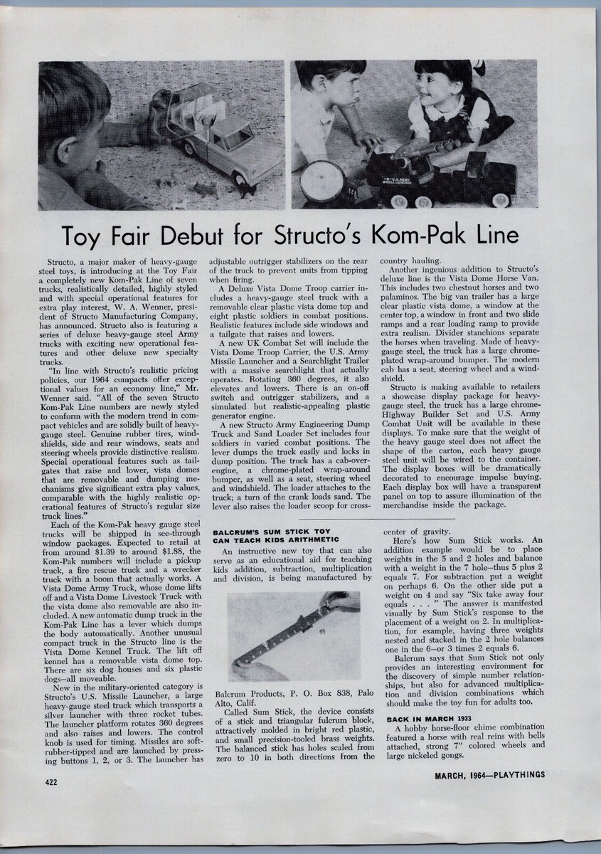 1964 Vintage Toy Article - Structo Pressed Steel Toys Com Pan Line 