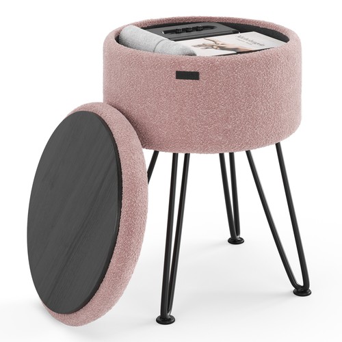 StorageBud Round Ottoman with Storage, Boucle Foot Stool, Vanity & Makeup Stool - Picture 16 of 18