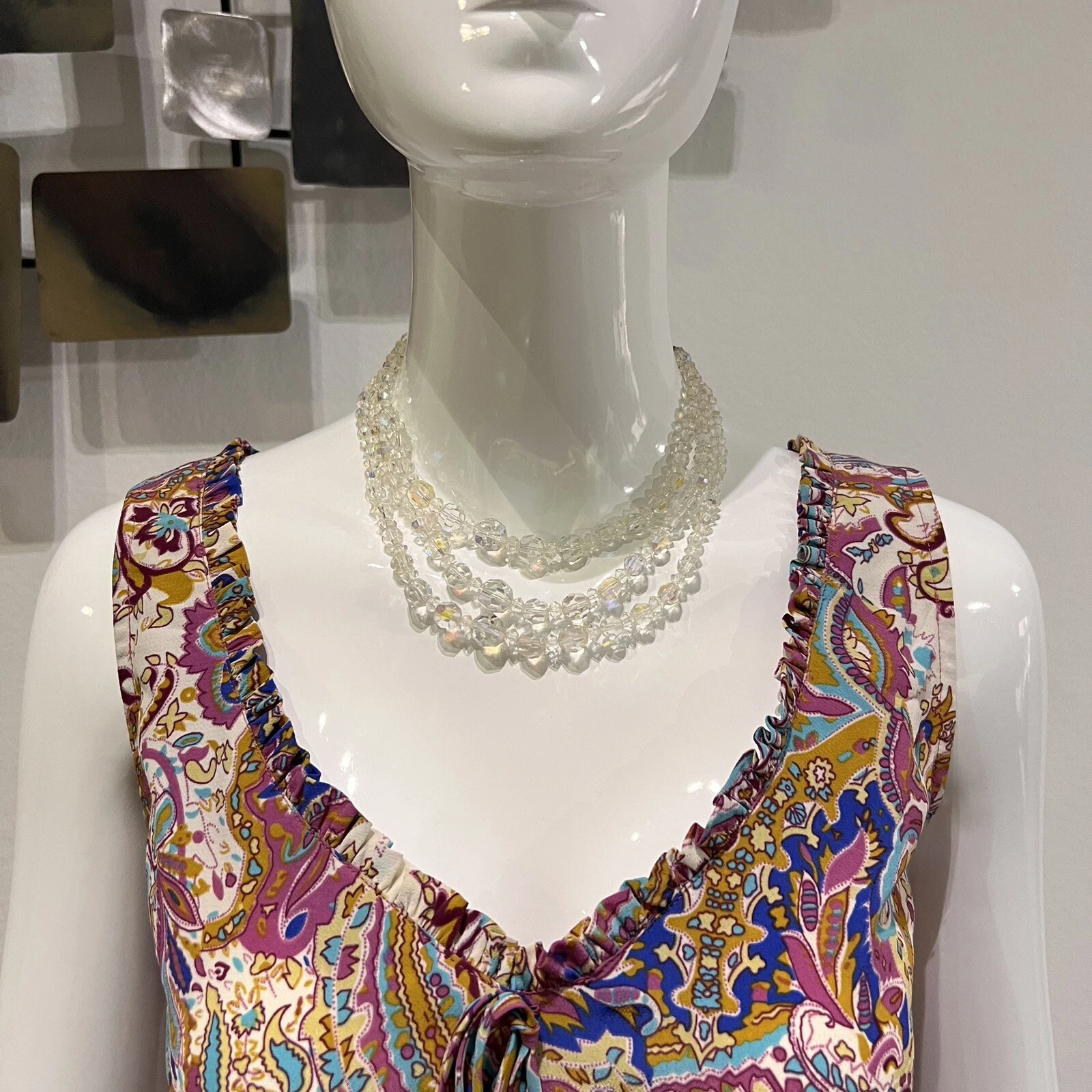 Vintage 1950’s Aurora Borealis Beaded Necklace Crystal Glass Faceted Tri Strand