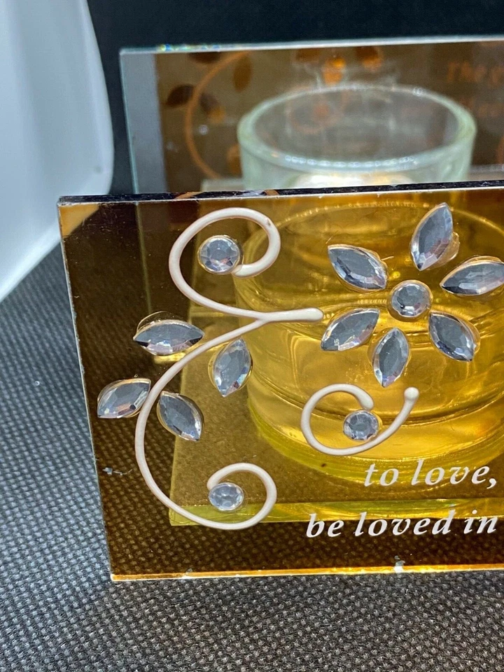 Double Tea light Holder with Mirror Back and GoldGlass Jeweled Love Inscription  Foto 4 de 4