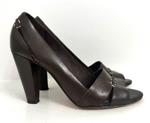 MICHAEL KORS Brown Leather Peep Toe Heels Pumps Shoes Cutouts Stitch Women's 5.5 - Picture 2 of 12