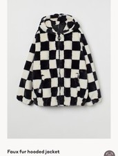 H&m Divided Faux Fur Black & White Checked Hooded Jacket Size Extra Small Rare