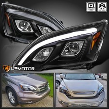 Black Fits 2007-2011 Honda Crv Cr-v Projector Headlights Led Strip Lamps 07-11