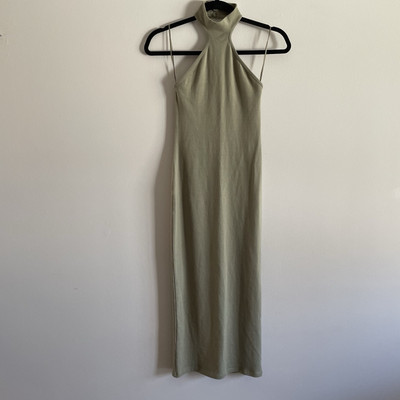 zara green bodycon dress Zara Size S Textured Fitted Mock Neck Dress Green Midi Bodycon Long Sleeve