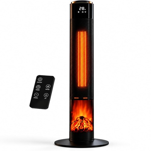 MONHOUSE Oscillating Tower Fan Heater with Fireplace,33 inches PTC Ceramic Remot