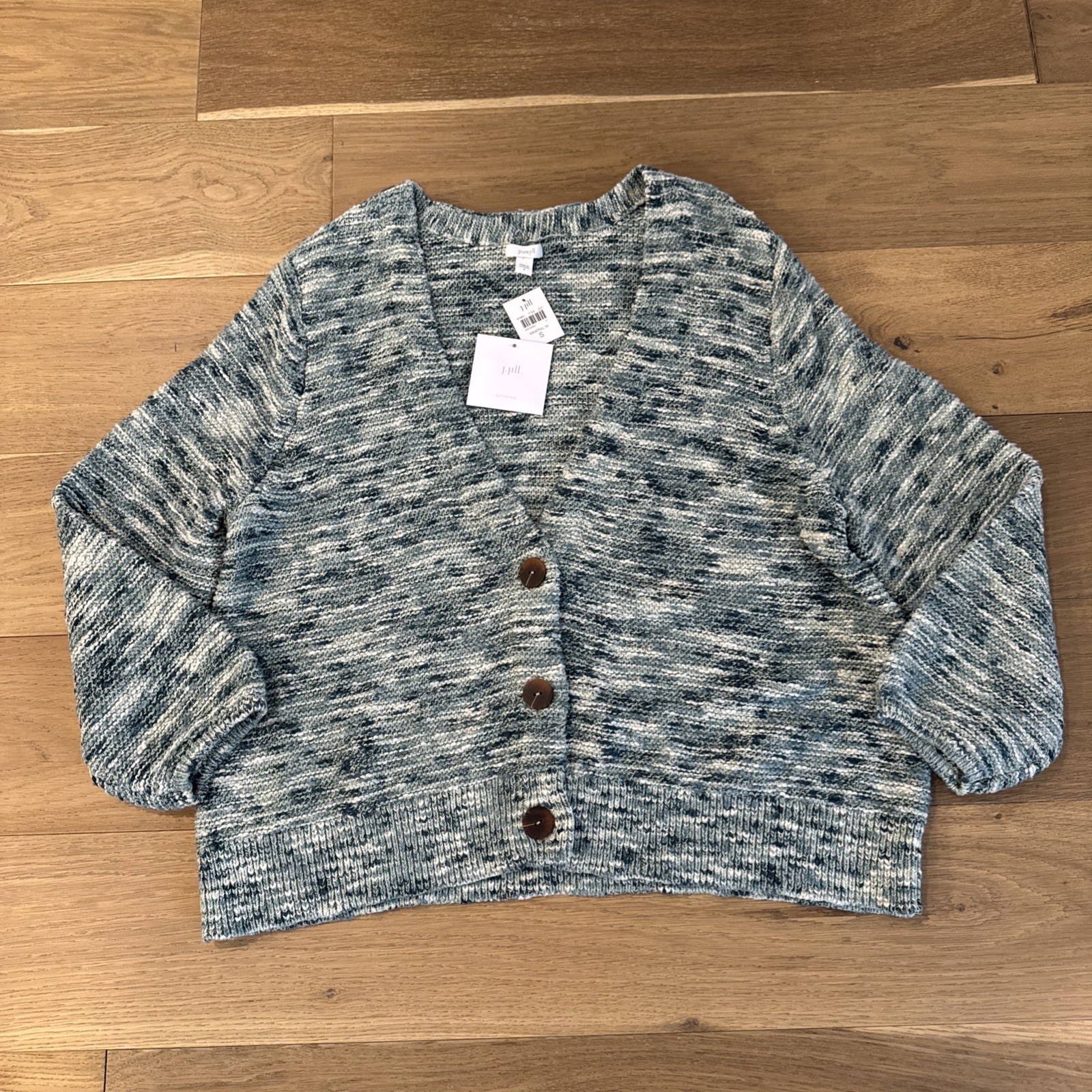 J.Jill PureJill Cotton Knit Cardigan Small Boxy Cropped Oversized Blue Green