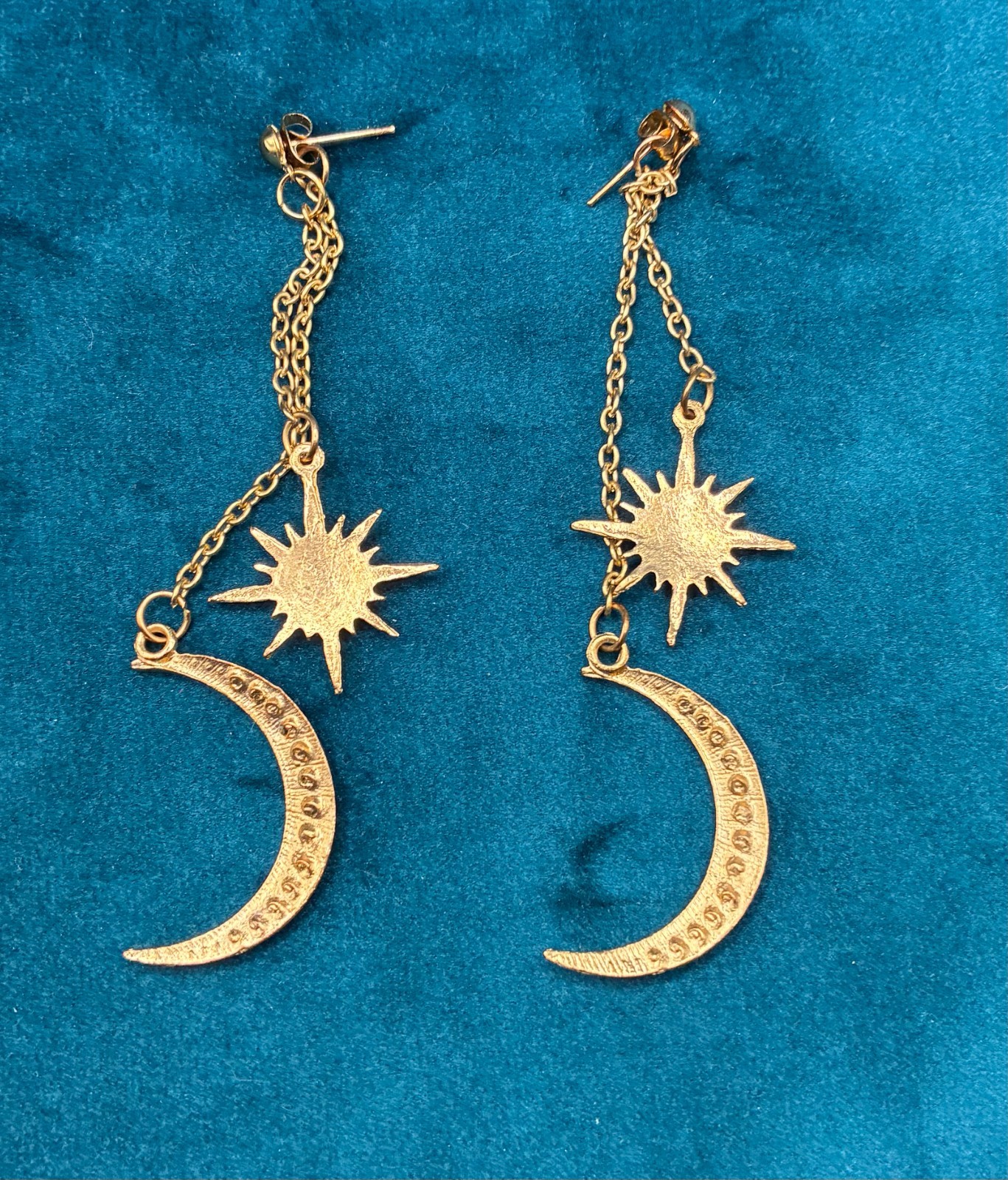 Celestial Star Moon Dangle Earring Post Gold Tone… - image 3