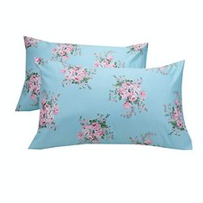 Soft Blue Cotton Pillowcase Set of 2, Floral Printed Queen Size Pillow 10