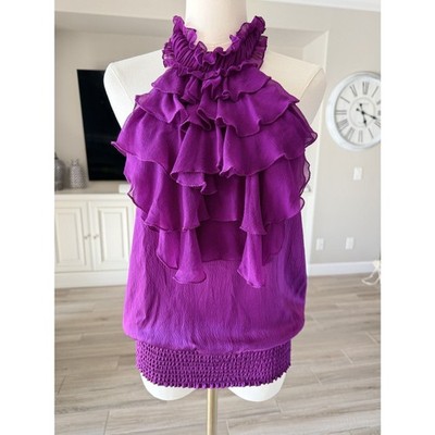 bebe Purple 100% Silk Halter Top Ruffled Tiered Smocked Hem Sleeveless Sz S/M