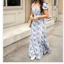 Paraiso Apparel Blue White Toile Print Palme 23 Maxi Dress Puff Sleeve large