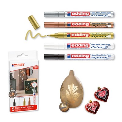 Edding 751 Gloss Paint Marker Set - Black White Gold Silver Copper - 5 Paint