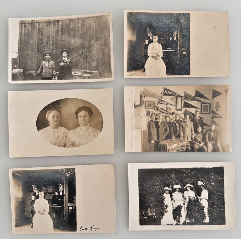 Vintage Wisconsin RPPC Lot (6) - College Pennants, Hunting Rifle, Family 1912
