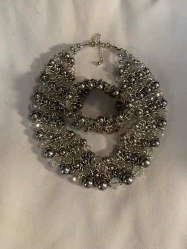 Costume Jewelry Set Beaded Necklace & Bracelet Silvertone & AB Intertwined Chain
