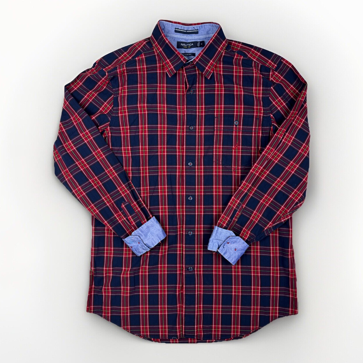 Nautica Plaid Lined Button Up long sleeve Shirt Men Medium Classic Fit Red Navy
