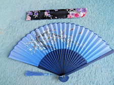 ASIAN 9" BLUE Handfan Folding Fan with Flower Print  SILK CLOTH SHEATH.