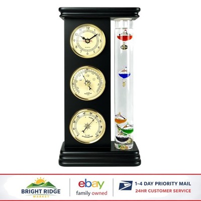 Precision Quartz Clock and Galileo Thermometer in Stylish Wooden Weather Station