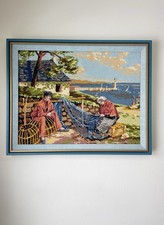 Vintage Royal Paris Needlepoint "Les Filets Bleus" Framed Embroidery 27x21" Art