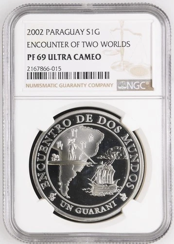 2002 PARAGUAY SILVER 1 GUARANI ENCOUNTER OF TWO WORLDS NGC PF 69 ULTRA CAMEO