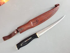 NORMARK FISKARS FILLET KNIFE FISH STAINLESS 1967 LEATHER SHEATH 6.25" BLADE VTG
